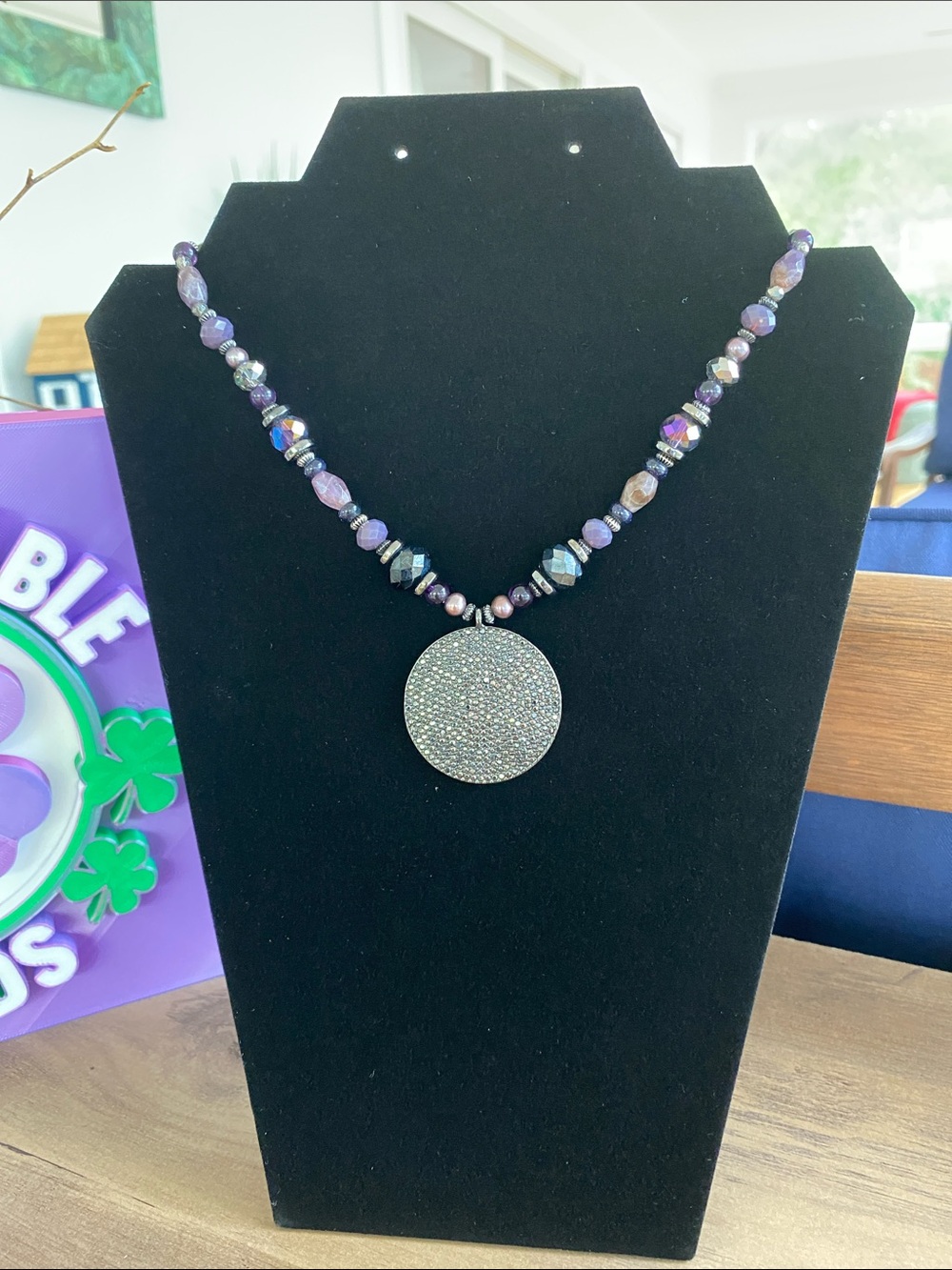 Chico's Purple Beaded Necklace with Sparkling Round Pendant